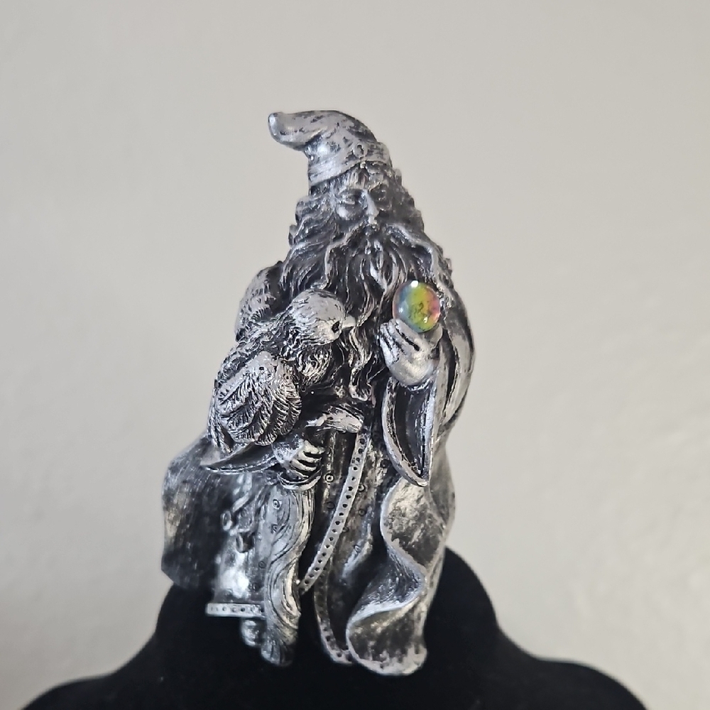 Silver Wizard Figurine with Owl